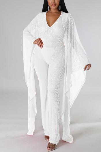 Sparkling Rhinestone V-Neck Jumpsuit: Elegant Stretch Long Sleeve Evening Romper