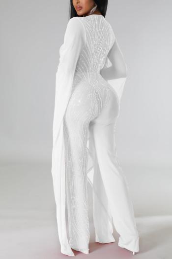 Sparkling Rhinestone V-Neck Jumpsuit: Elegant Stretch Long Sleeve Evening Romper