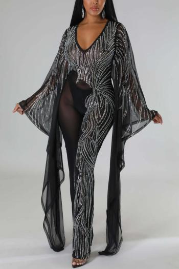 Sparkling Rhinestone V-Neck Jumpsuit: Elegant Stretch Long Sleeve Evening Romper