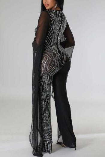 Sparkling Rhinestone V-Neck Jumpsuit: Elegant Stretch Long Sleeve Evening Romper