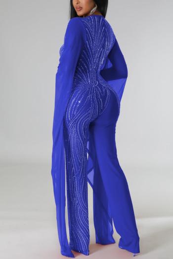Sparkling Rhinestone V-Neck Jumpsuit: Elegant Stretch Long Sleeve Evening Romper