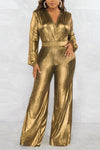 V-Neck Zip-Up Holographic Wide Leg Jumpsuit