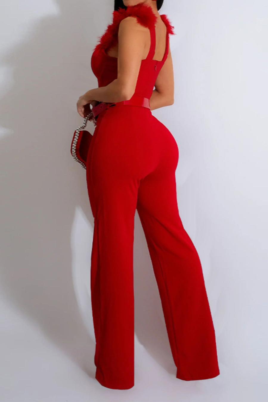 Fuzzy Strap Wide Leg  Belted Jumpsuit