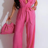 Short Sleeve Tie Belt Wide Leg Jumpsuit