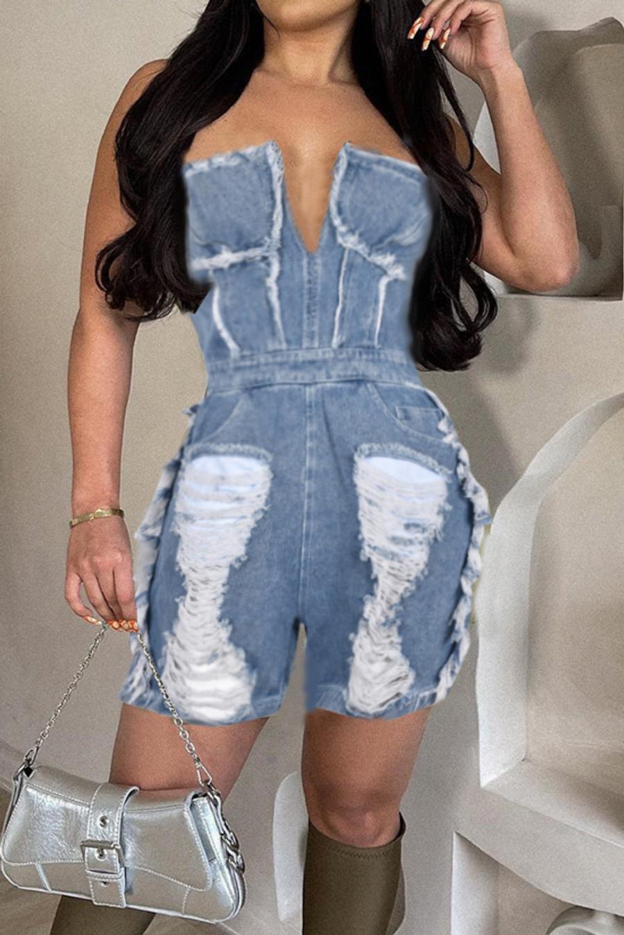 Denim Girl Style Distressed Romper