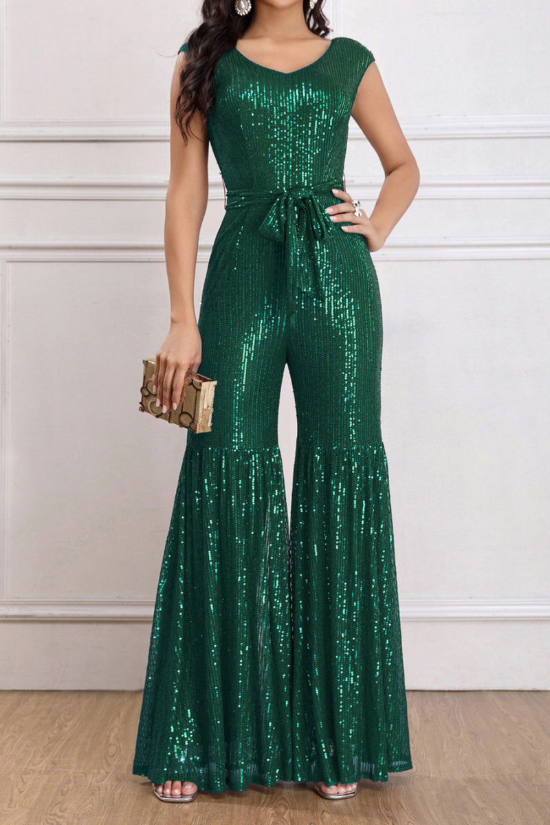 Holiday Cheer Sequin Flared Leg Belted Jumpsuit