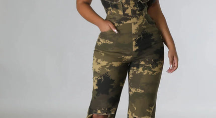 Camo Tube Top Jumpsuit with Knee Cut-Outs & Back Zipper