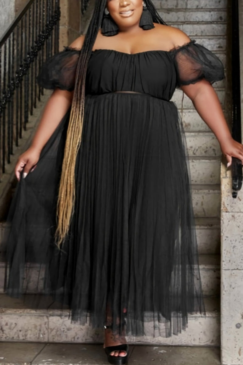 Plus Size Off-The-Shoulder Mesh Overlay Top and Maxi Skirt Set