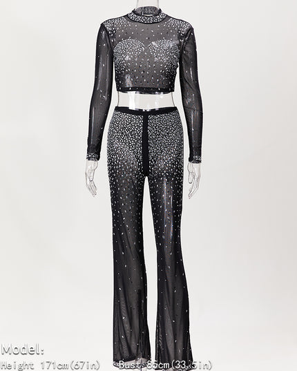 Photo Op Sheer Rhinestone Crop Top and Pants Set