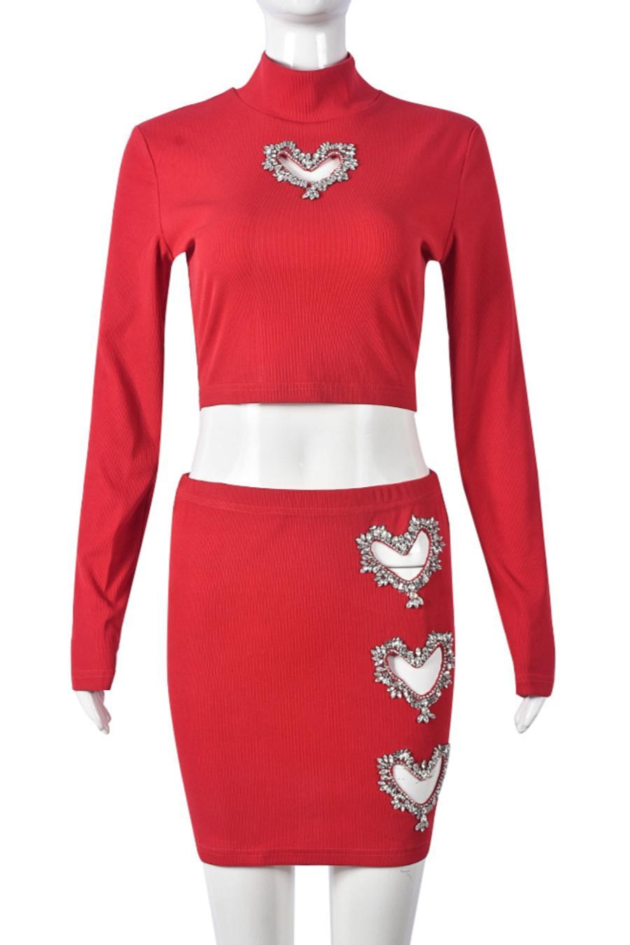 Rhinestone Heart Cut-Out Mini Skirt Set