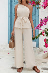 Asymmetric Sleeveless Top and Loose Pant Set(with belt)