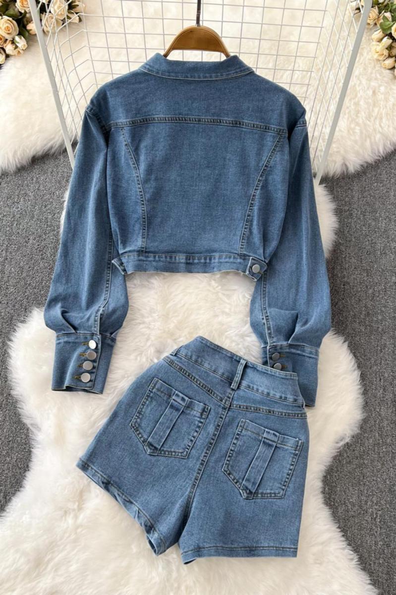 Denim Long Sleeve Jacket Skort Set