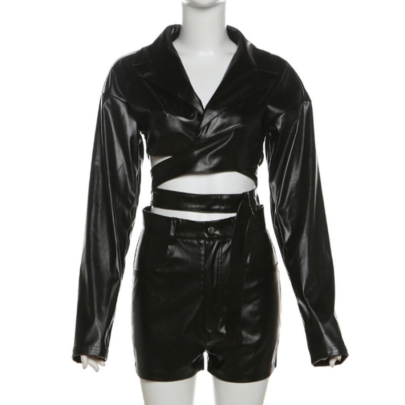 PU Leather Long Sleeve Crop Jacket Shorts Set