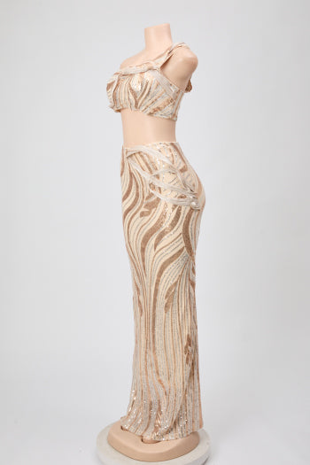 Stylish Plus Size Mesh Sequins Tank Top and Maxi Skirt Set