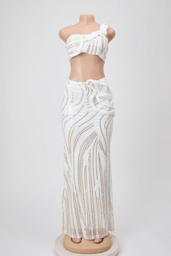 Stylish Plus Size Mesh Sequins Tank Top and Maxi Skirt Set