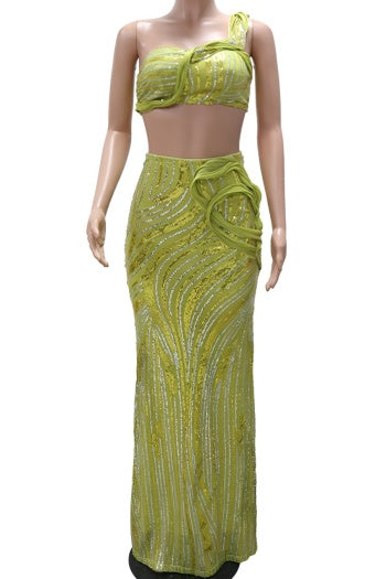 Stylish Plus Size Mesh Sequins Tank Top and Maxi Skirt Set
