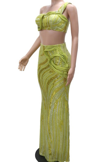 Stylish Plus Size Mesh Sequins Tank Top and Maxi Skirt Set