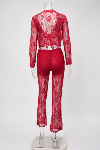 Slight Stretch Lace Sheer V-Neck Lace-Up Top & Pants Set