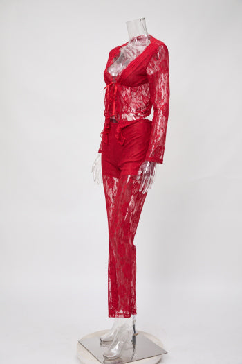 Slight Stretch Lace Sheer V-Neck Lace-Up Top & Pants Set