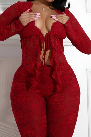 Slight Stretch Lace Sheer V-Neck Lace-Up Top & Pants Set