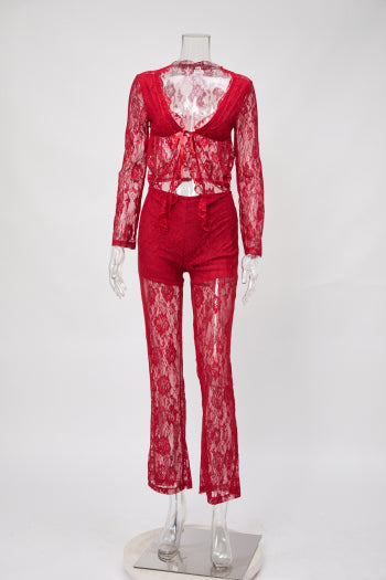 Slight Stretch Lace Sheer V-Neck Lace-Up Top & Pants Set