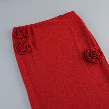 Elegant Slight Stretch Tube Top 3D Flower Maxi Skirt Set