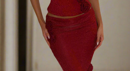 Elegant Slight Stretch Tube Top 3D Flower Maxi Skirt Set