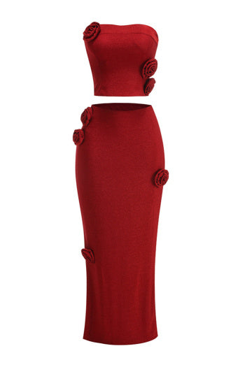 Elegant Slight Stretch Tube Top 3D Flower Maxi Skirt Set