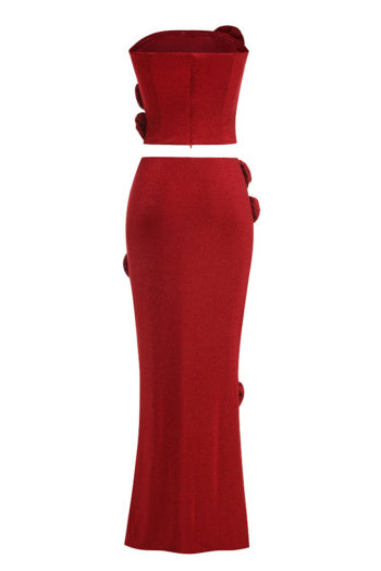 Elegant Slight Stretch Tube Top 3D Flower Maxi Skirt Set