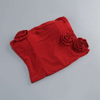 Elegant Slight Stretch Tube Top 3D Flower Maxi Skirt Set