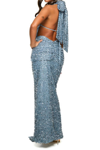 Sparkling Halter Neck Vest & Maxi Skirt Set: Dazzling Sequin Decor, Slight Stretch