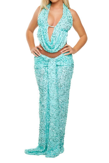 Sparkling Halter Neck Vest & Maxi Skirt Set: Dazzling Sequin Decor, Slight Stretch