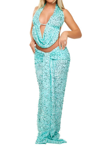 Sparkling Halter Neck Vest & Maxi Skirt Set: Dazzling Sequin Decor, Slight Stretch