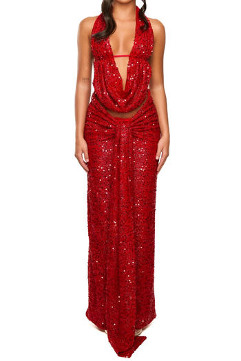 Sparkling Halter Neck Vest & Maxi Skirt Set: Dazzling Sequin Decor, Slight Stretch