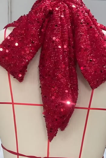 Sparkling Halter Neck Vest & Maxi Skirt Set: Dazzling Sequin Decor, Slight Stretch