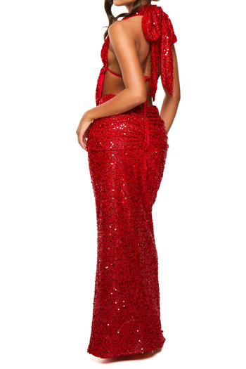 Sparkling Halter Neck Vest & Maxi Skirt Set: Dazzling Sequin Decor, Slight Stretch