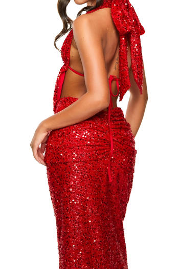 Sparkling Halter Neck Vest & Maxi Skirt Set: Dazzling Sequin Decor, Slight Stretch