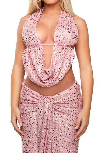 Sparkling Halter Neck Vest & Maxi Skirt Set: Dazzling Sequin Decor, Slight Stretch