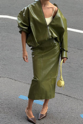 Shimmering Glossy Stand Collar Midi Skirt Set – Non-Stretch Chic Two-Piece