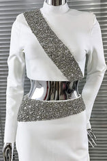 Elegant Stretch Rhinestone Crop Top and High Slit Maxi Skirt Set for Women