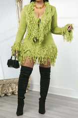 Chic Plus Size Knit Tassel Mini Skirt Set - Long Sleeve Top & Skirt