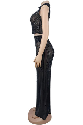 Plus Size Dazzling Rhinestone Mesh Crop Top & Slit Maxi Skirt Set