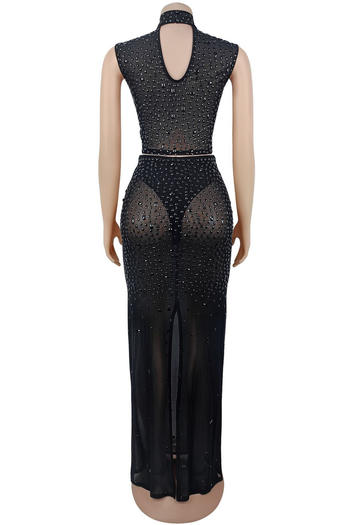 Plus Size Dazzling Rhinestone Mesh Crop Top & Slit Maxi Skirt Set