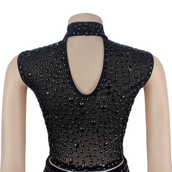 Plus Size Dazzling Rhinestone Mesh Crop Top & Slit Maxi Skirt Set