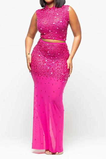 Plus Size Dazzling Rhinestone Mesh Crop Top & Slit Maxi Skirt Set