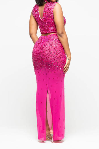 Plus Size Dazzling Rhinestone Mesh Crop Top & Slit Maxi Skirt Set