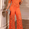 Elegant Plus Size Orange Lace Hollow Top Flared Pants Set