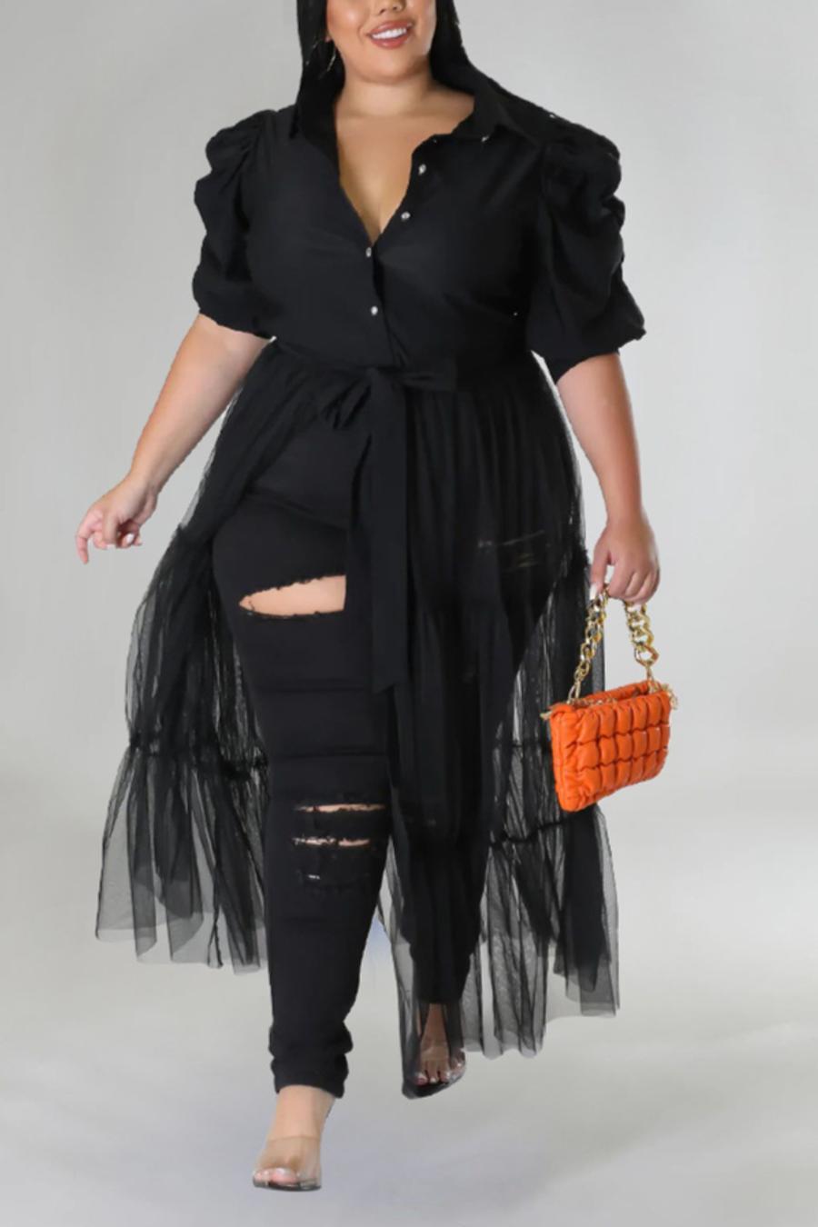 Plus Size Ruched Sleeve Long Mesh Skirted Top