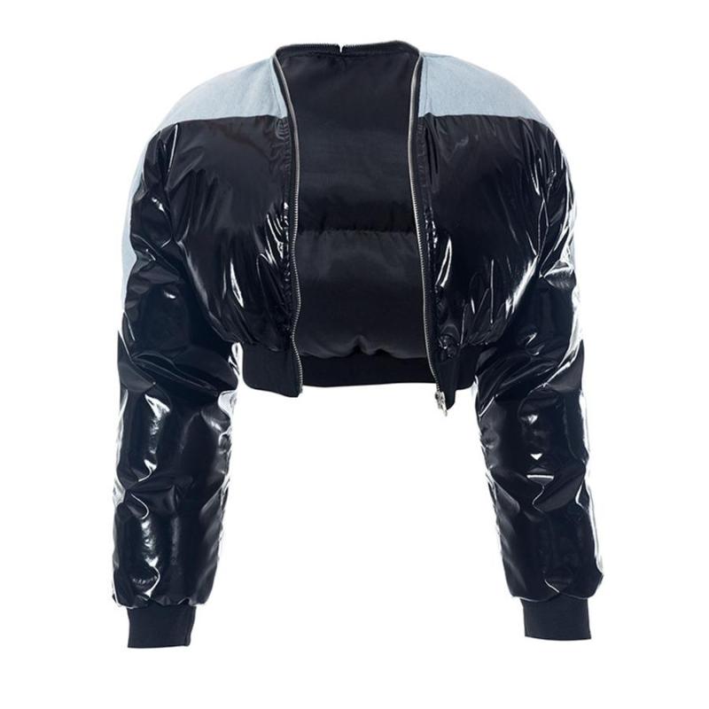 Patent Leather Denim Patch Crop Puffer Jacket