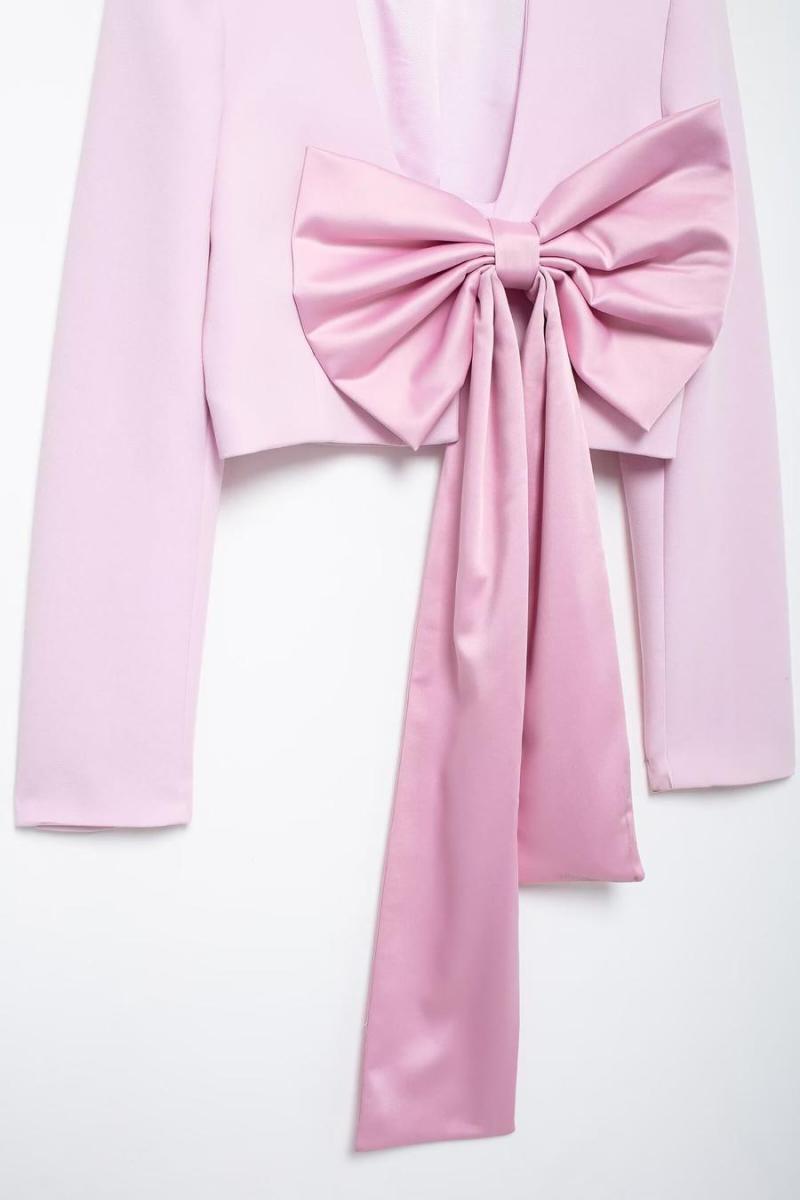 Pink V-Neck Bow-Knot Decor Crop Blazer